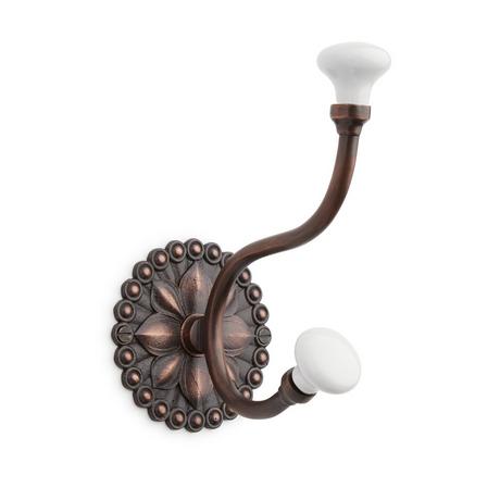 Beaded Floral Brass Double Hook with Porcelain Knobs