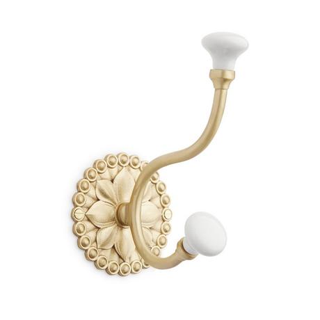 Beaded Floral Brass Double Hook with Porcelain Knobs