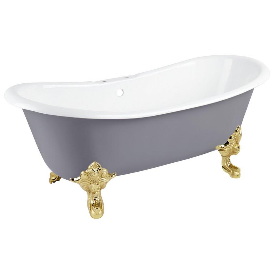 72" Lena Cast Iron Double Slipper Tub - Tap Deck / 7" Rim Holes - Polished Brass Monarch Feet - Dark, , large image number 0