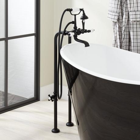 Freestanding Telephone Tub Faucet, Supplies and Drain - Porcelain Lever Handles