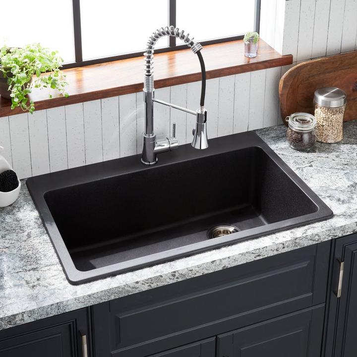 Black Quartz Kitchen Sink Double Bowl Drop-In Sink with Drain