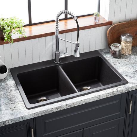 33" Totten Double-Bowl Granite Composite Drop-In Kitchen Sink - Black