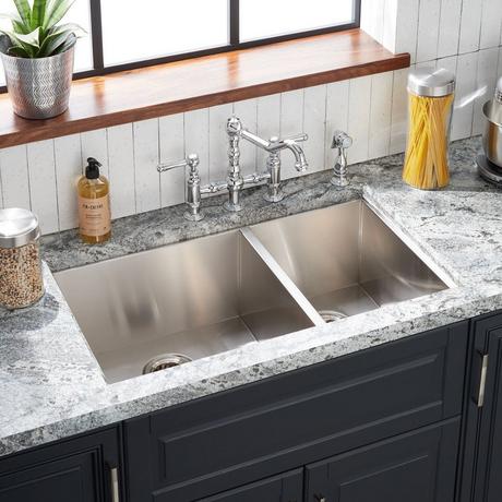 33" Sitka Offset Double-Bowl Stainless Steel Drop-In Sink - 4-Hole