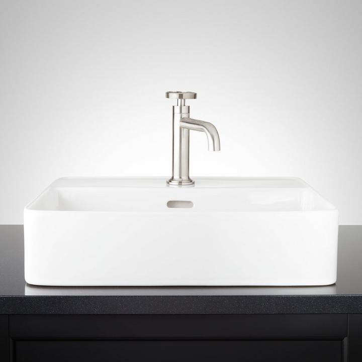 Hibiscus White Rectangular Fireclay Vessel Sink - Single Hole, Single Hole Faucet in Brushed Nickel