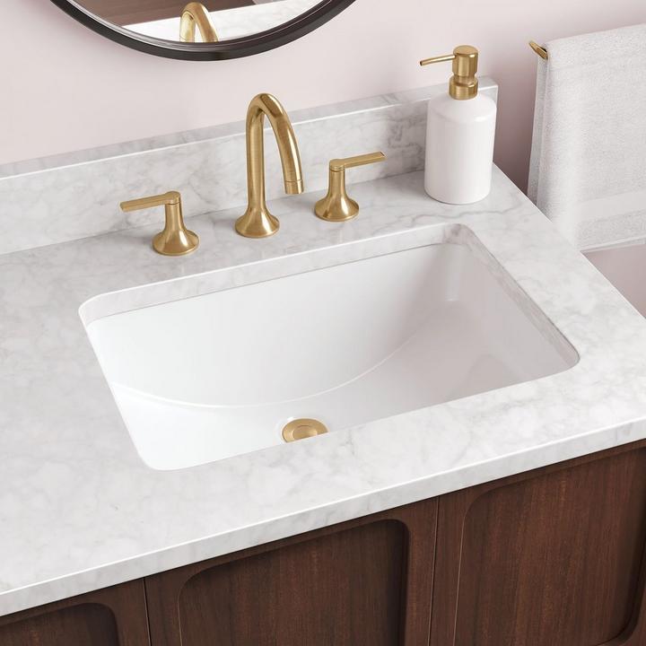 18" Myers Rectangular Porcelain Undermount Bathroom Sink, Lentz Widespread Bathroom Faucet in Brushed Gold