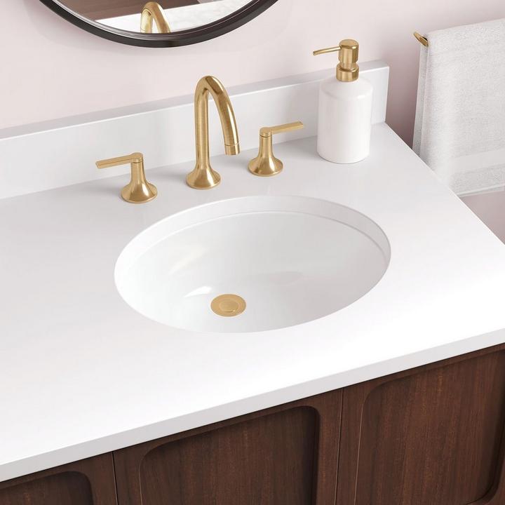 15" Mangrove White Oval Porcelain Undermount Bathroom Sink, Lentz Bathroom Faucet in Brushed Gold