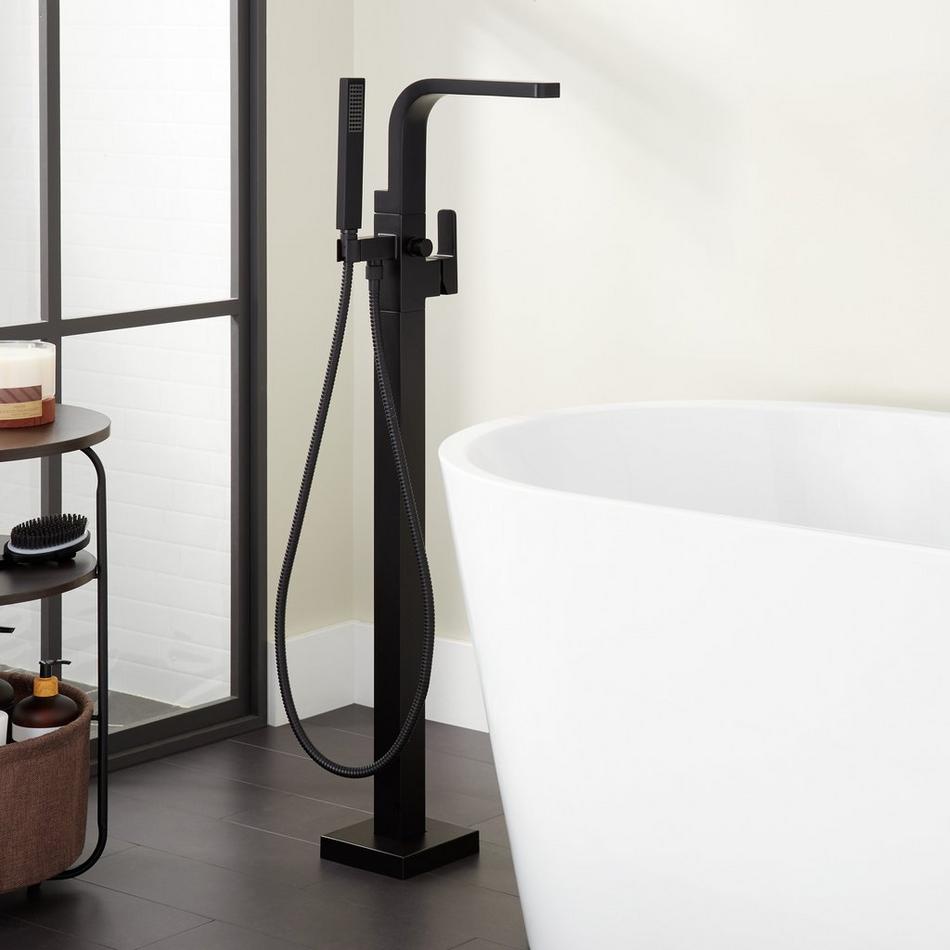 Hibiscus Freestanding Tub Faucet with Hand Shower and Rough-In Valve with Stops - Matte Black, , large image number 0