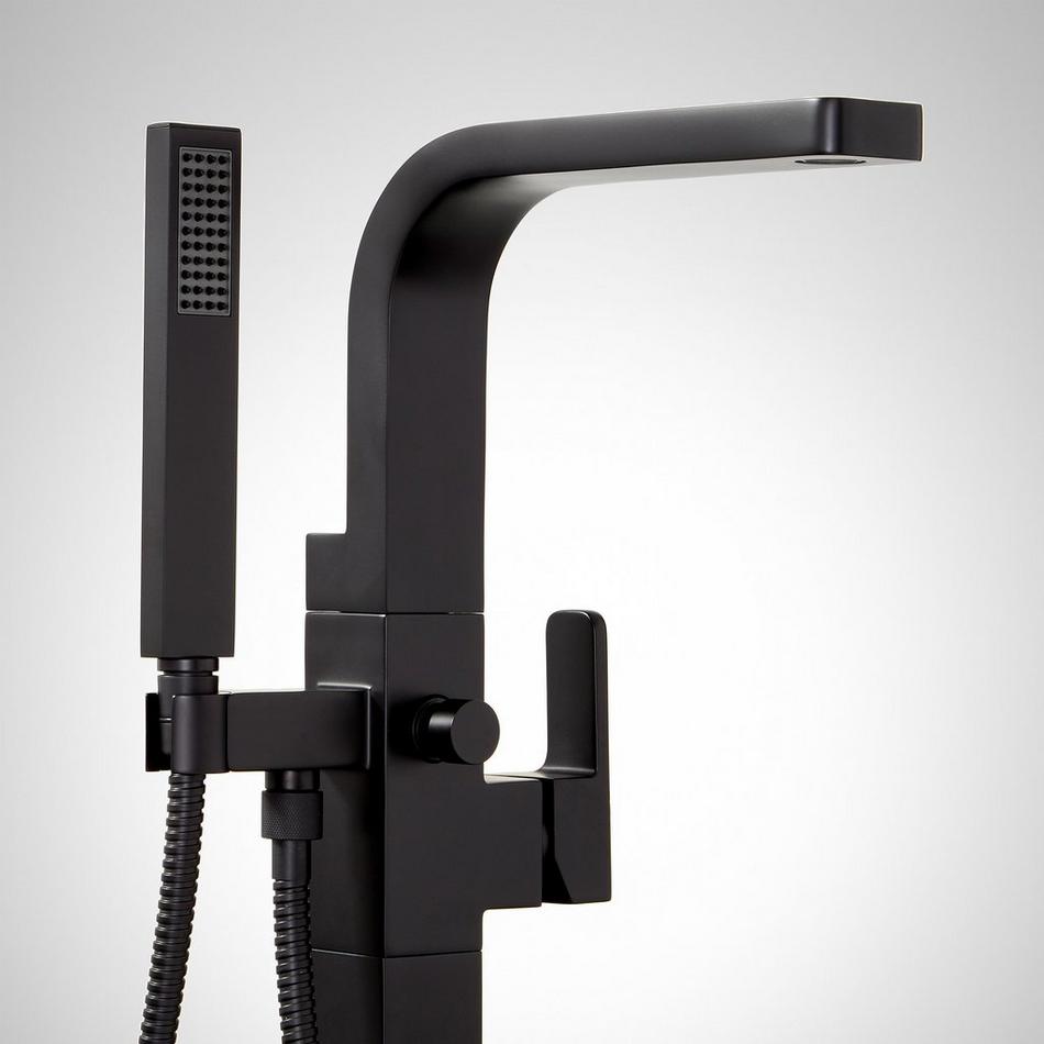 Hibiscus Freestanding Tub Faucet with Hand Shower and Rough-In Valve with Stops - Matte Black, , large image number 1