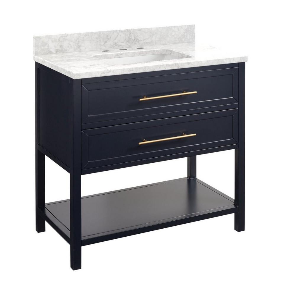 36" Robertson Vanity Cabinet - Midnight Navy Blue- Carrara Marble- 8" Drillings - Rec UM Sink, , large image number 0