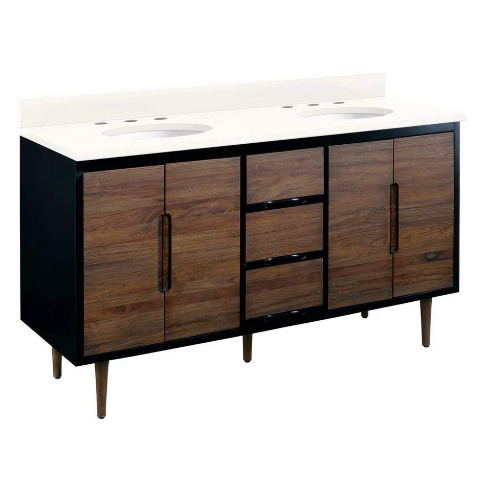 60" Bivins Teak Double Bathroom Vanity - Java/Black - Arctic White Quartz - 8" - Oval Sinks, , large image number 0