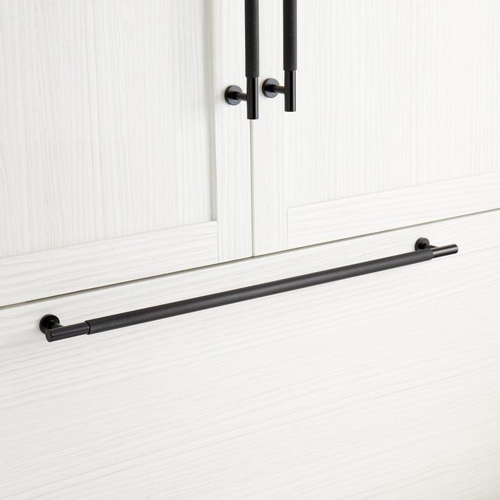 Evinger Knurled Brass Appliance Pull in Matte Black for black kitchen hardware