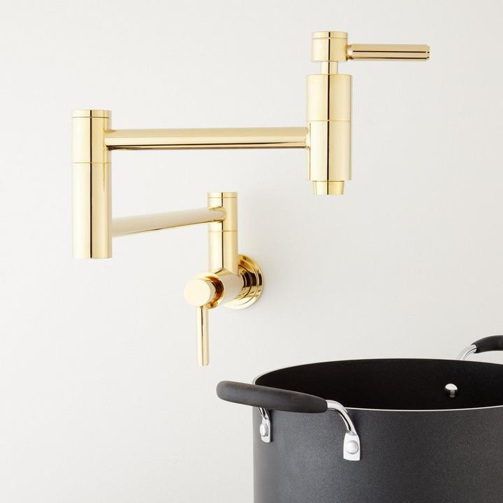 Contemporary Retractable Wall-Mount Pot Filler Faucet in Satin Brass