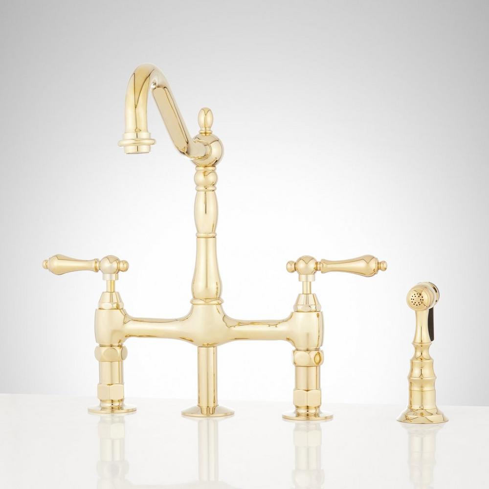 Bellevue Bridge Kitchen Faucet With Sprayer with Lever Handles in Polished Brass