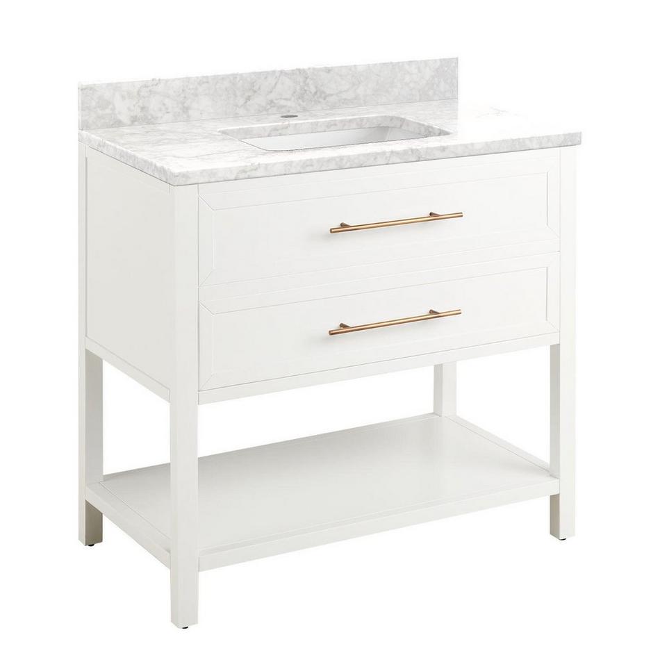 36" Robertson Vanity Cabinet - Bright White - White RUM Sink - Carrara Top - Single Hole, , large image number 0