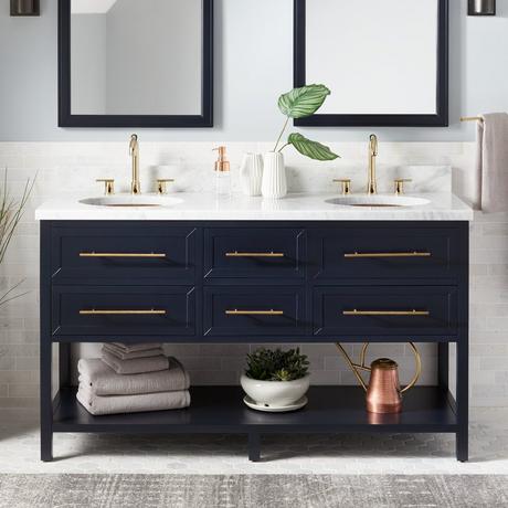 60" Robertson Mahogany Console Double Vanity for Undermount Sinks - Midnight Navy Blue