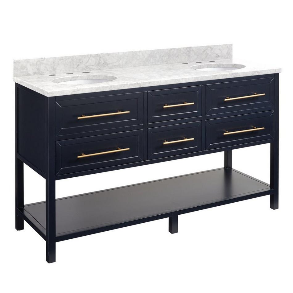 60" Robertson Mahogany Console Double Vanity - Midnight NavBlue- UM Sink - Carrara Top - 8" Faucet H, , large image number 1
