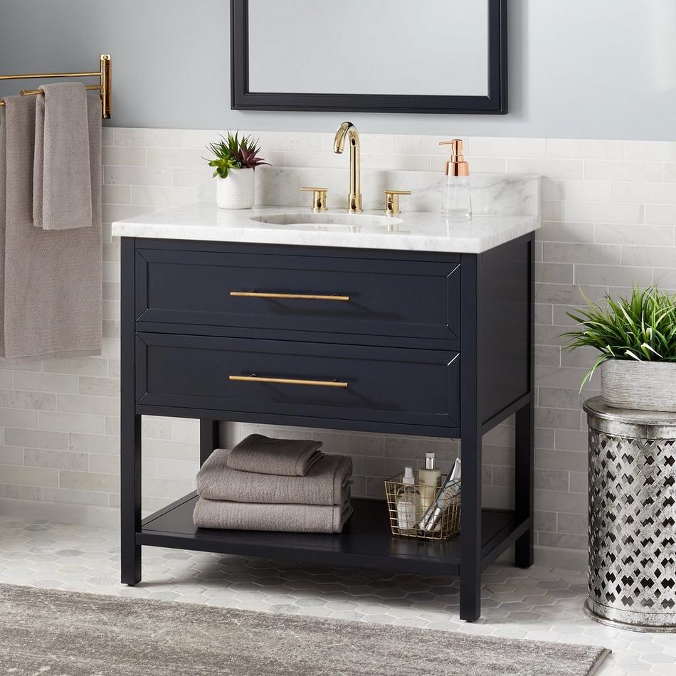 36" Robertson Mahogany Console Vanity - Midnight Navy Blue - UM Sink - Carrara Top - 8" Faucet Holes, , large image number 0