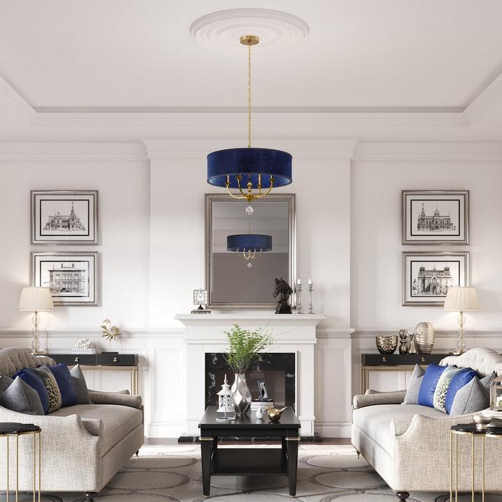 Traditional style living room with the Van Noord 5-Light Pendant in Aged Brass