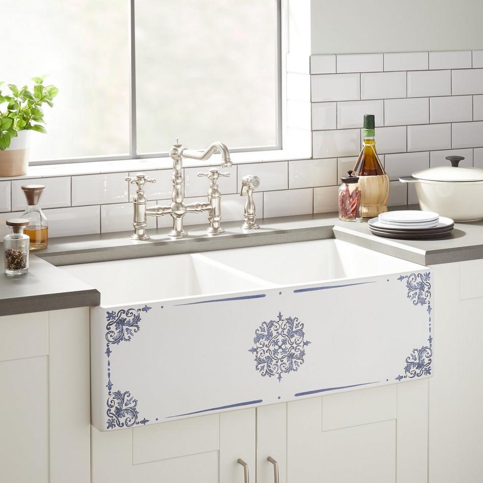 33" Brelsford Double-Bowl Fireclay Farmhouse Sink - Blue Medallion Motif, , large image number 0