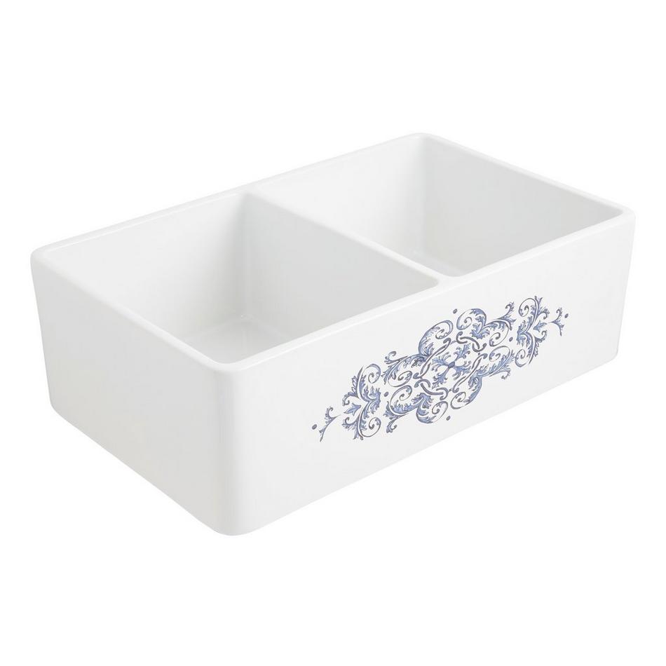 33" Braunig Double-Bowl Fireclay Farmhouse Sink - Blue Floral Motif, , large image number 5