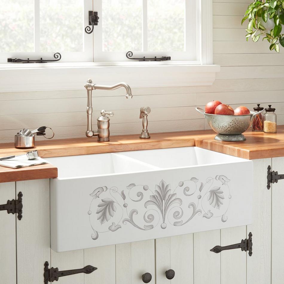 33" Navarro Double-Bowl Fireclay Farmhouse Sink - Gray Tuscany Motif, , large image number 0