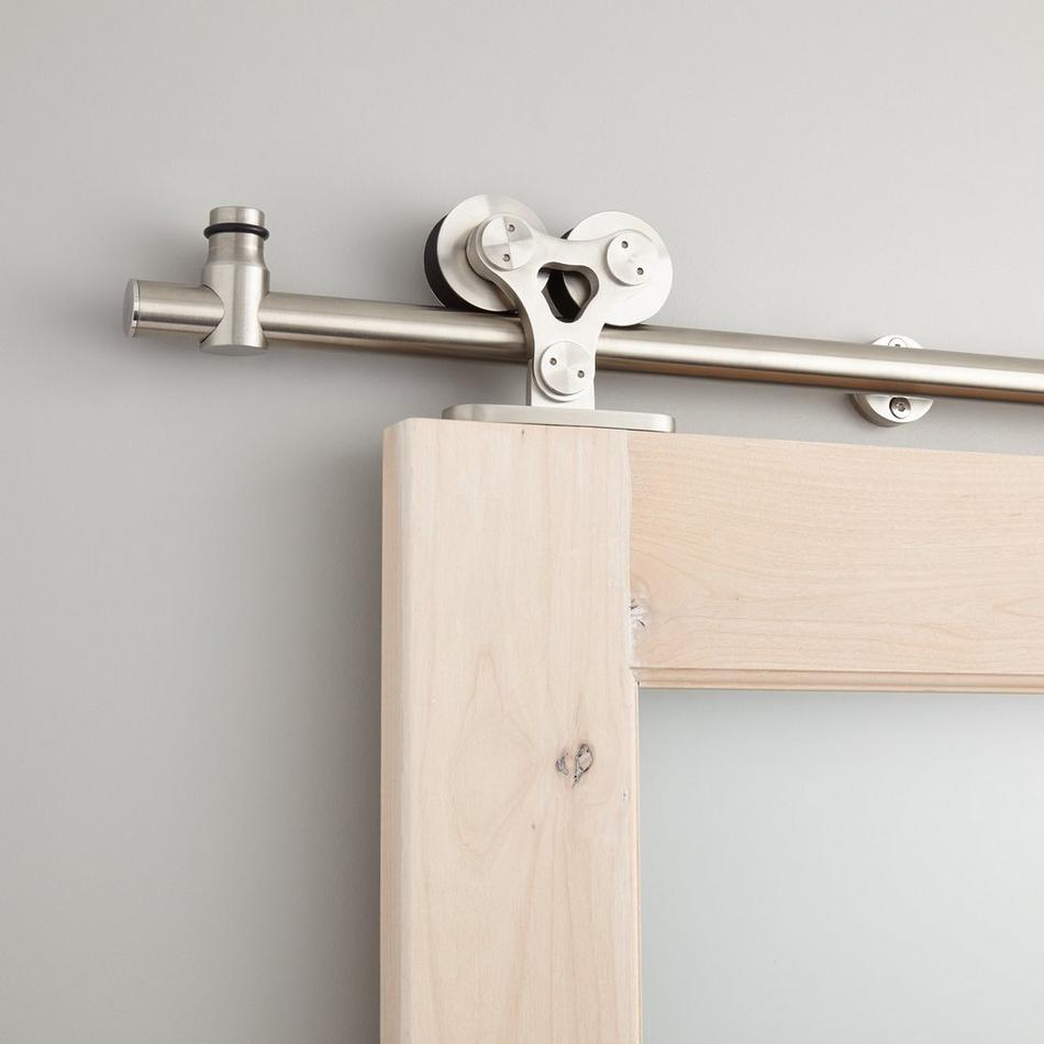 96 in. Stainless Steel Sliding Barn Door Hardware Kit for Double Wood Doors 96 in. Stainless Steel Sliding Barn Door Hardware Kit for Double Wood Doors