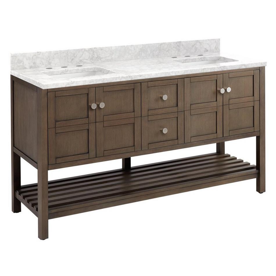 60" Olsen Double Console Vanity - Ash Brown - BN HW - Carrara Widespread, White RUM Sinks, , large image number 1