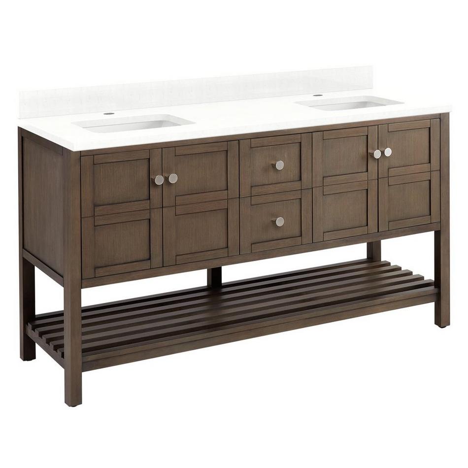 60" Olsen Double Console Vanity - Ash Brown - BN HW - Feathered White 1 Hole, White RUM Sinks, , large image number 0