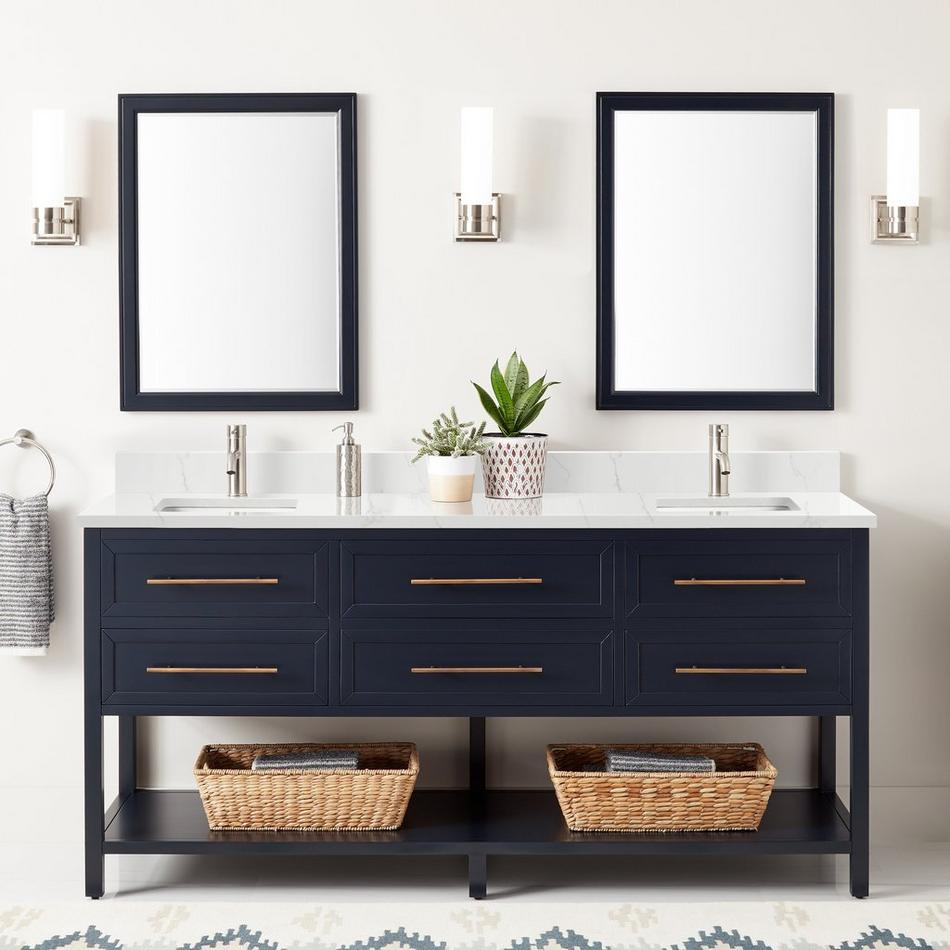72" Robertson Dbl for Rect Undermount  - Midnight Navy - Feathered White Quartz Single Hole - Sink, , large image number 0
