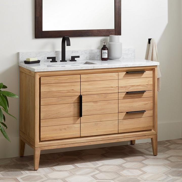 48" Aliso Teak Vanity with Left Offset Rect Undermount Sink in Natural Teak, Carrara Widespread Vanity Top