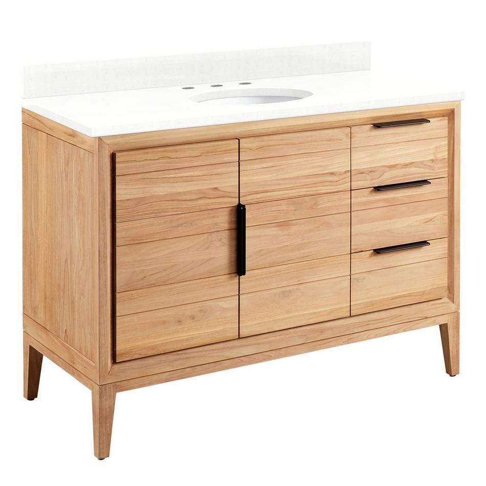 48" Aliso Teak Vanity for Undermount Sink - Natural Teak - Feathered White Quartz 8" - White Sink, , large image number 0