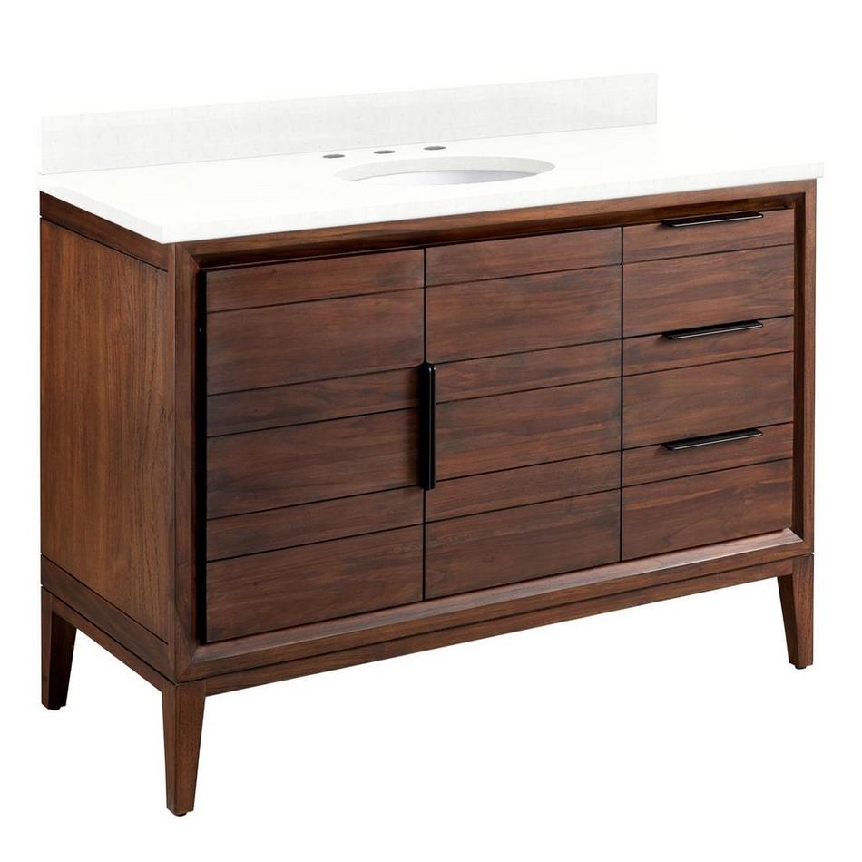 48" Aliso Teak Vanity for Undermount Sink - Java - Feathered White Quartz 8" - White Sink, , large image number 0