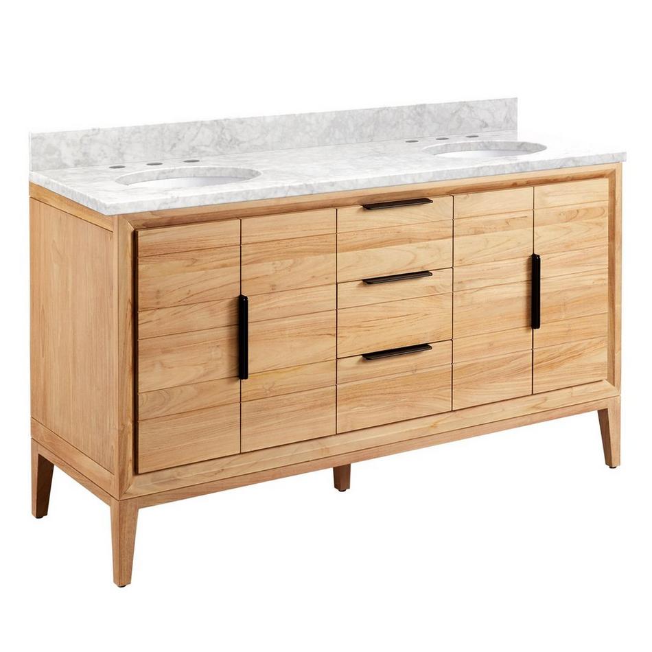 60" Aliso Teak Double Vanity for Undermount Sinks - Natural Teak - Carrara Marble 8" - White Sinks, , large image number 0