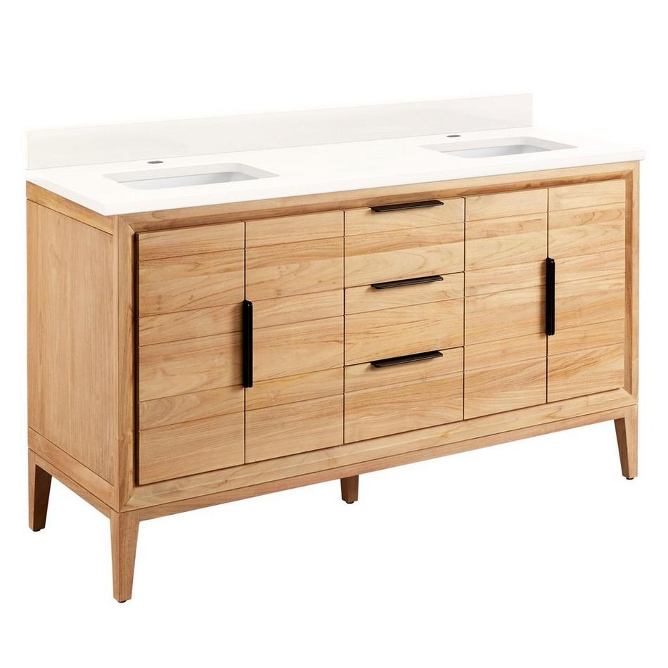 60" Aliso Teak Double Vanity for Rect Undermount - Natural Teak - Arctic White Quartz 1 - Wht Sinks, , large image number 0