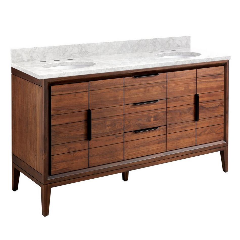 60" Aliso Teak Double Vanity for Undermount Sinks - Java - Carrara Marble 8" - White Sinks, , large image number 0