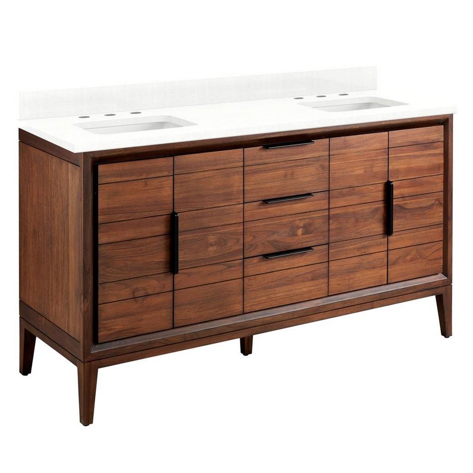 60" Aliso Teak Double Vanity for Rect Undermount - Java - Feathered White 8" - White Sinks, , large image number 0