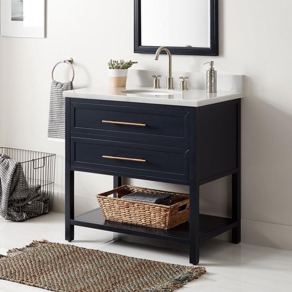 36" Robertson Mahogany Console Vanity- Midnight Navy Blue- Feathered White Widespread, White UM Sink, , large image number 0