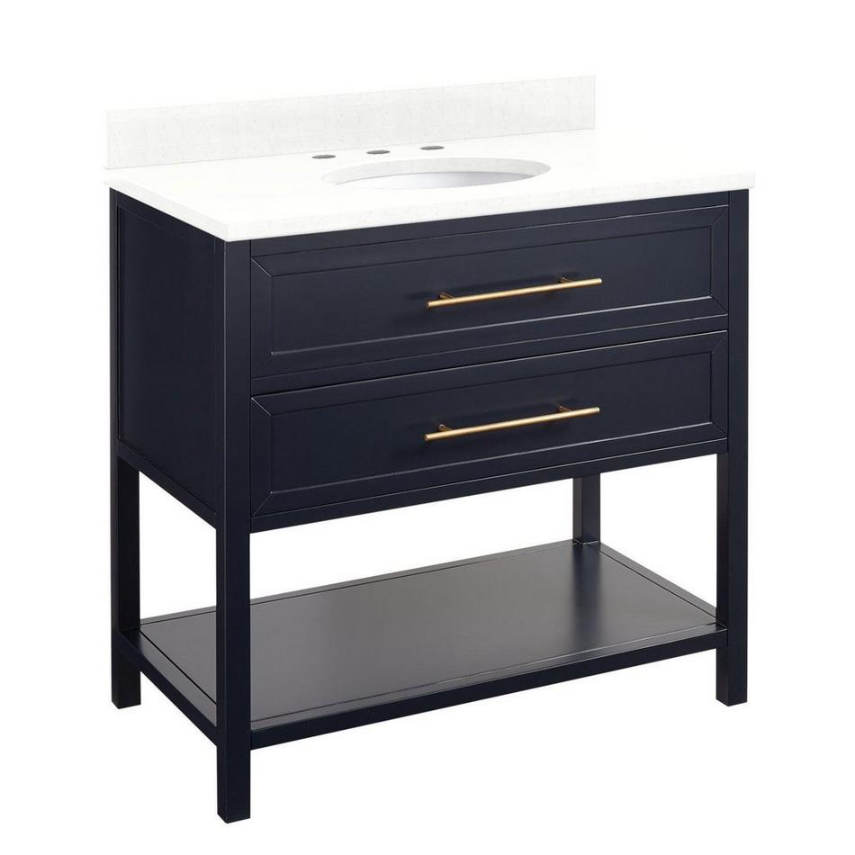 36" Robertson Mahogany Console Vanity- Midnight Navy Blue- Feathered White Widespread, White UM Sink, , large image number 1