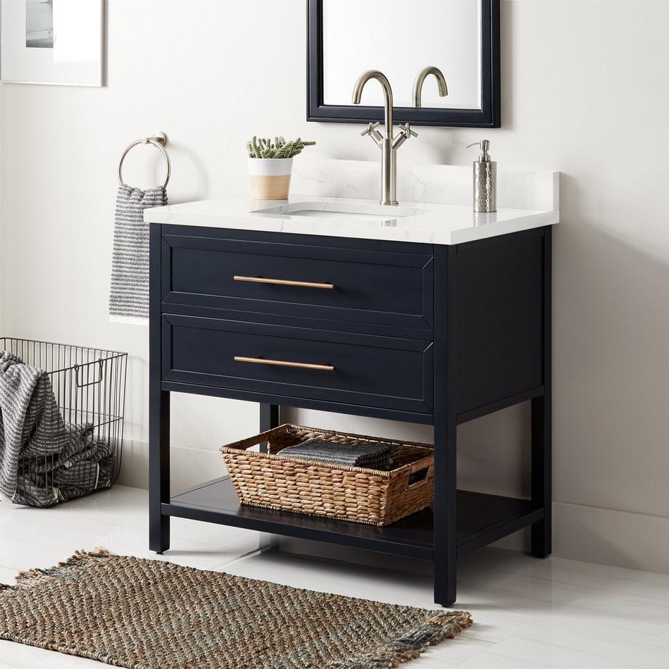 36" Robertson Mahogany Console Vanity- Midnight Navy Blue- Feathered White 1 Hole - White RUM Sink, , large image number 0