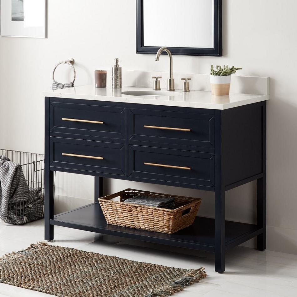 48" Robertson Mahogany Console Vanity- Midnight Navy Blue- Feathered White Widespread, White UM Sink, , large image number 0