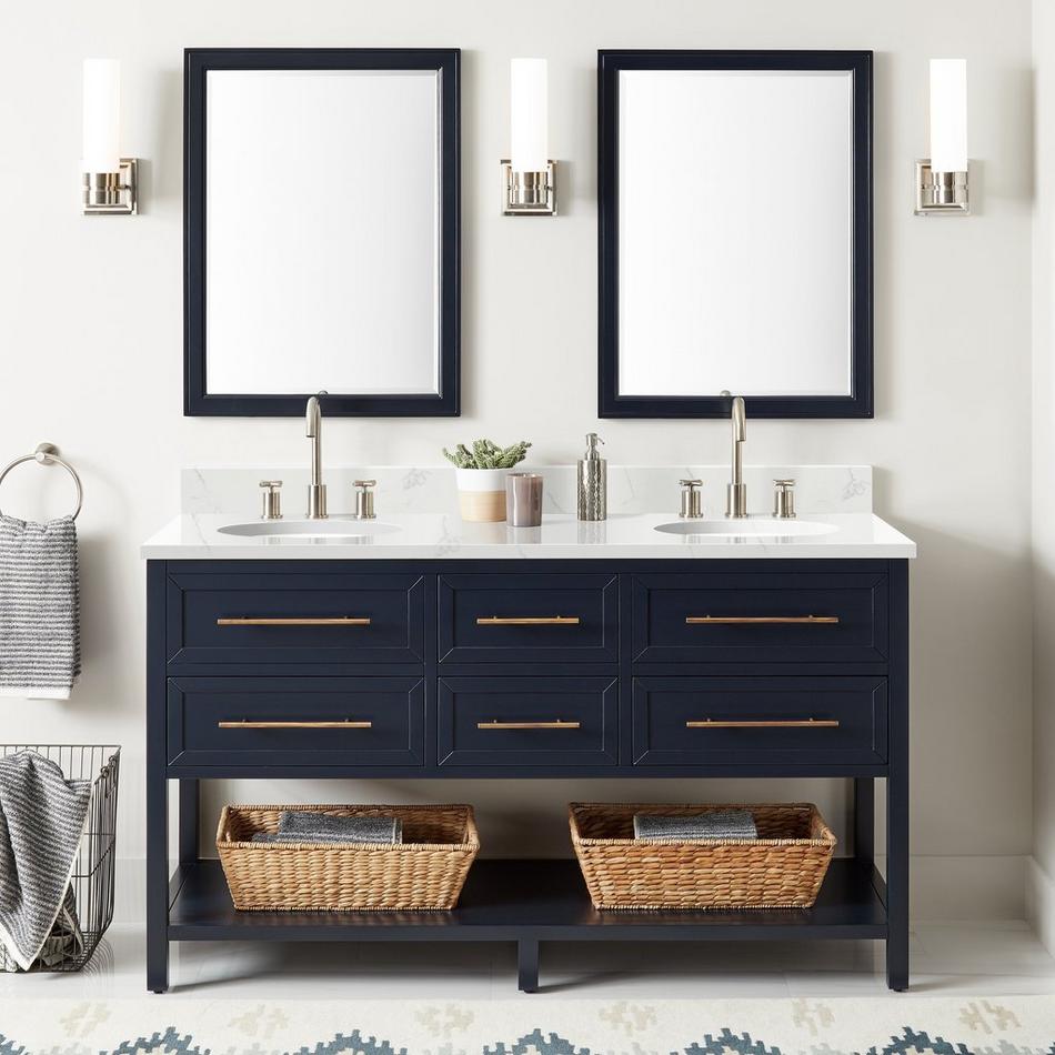 60" Robertson Double Vanity Cabinet- Midnight Navy Blue - Feathered White Widespread, White UM Sinks, , large image number 0