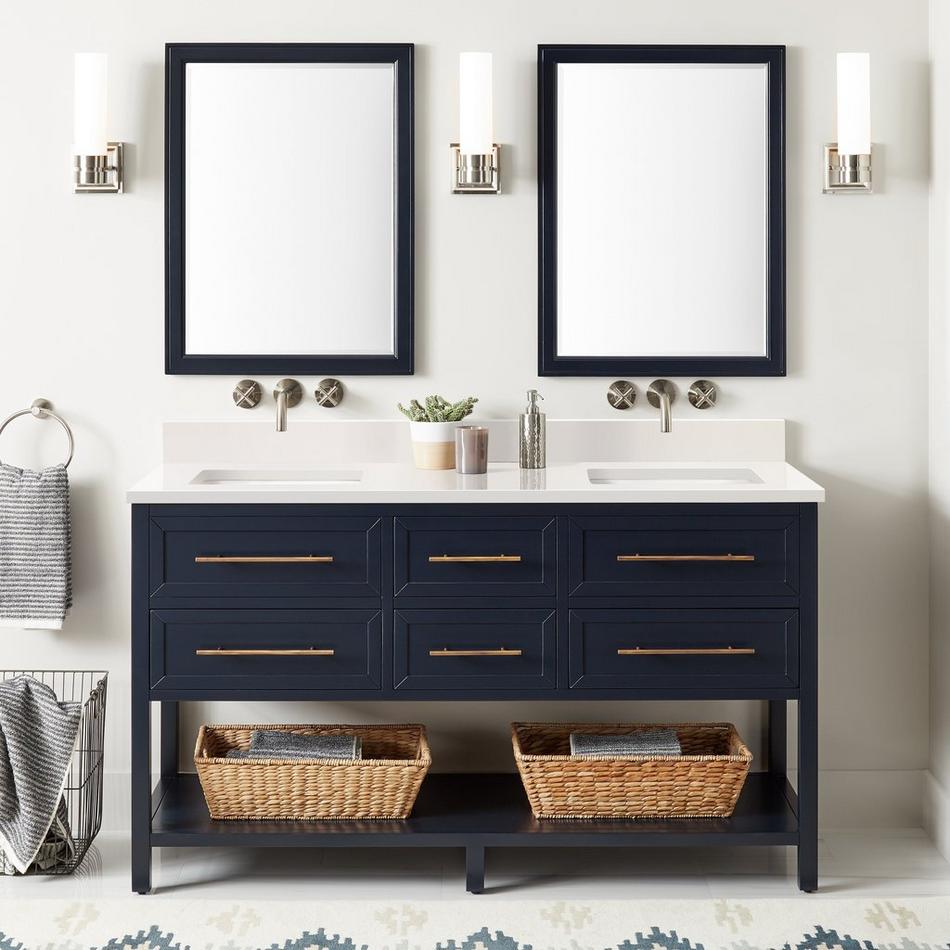 60" Robertson Double Vanity Cabinet - Midnight Navy Blue - Arctic White No Holes - White RUM Sinks, , large image number 0