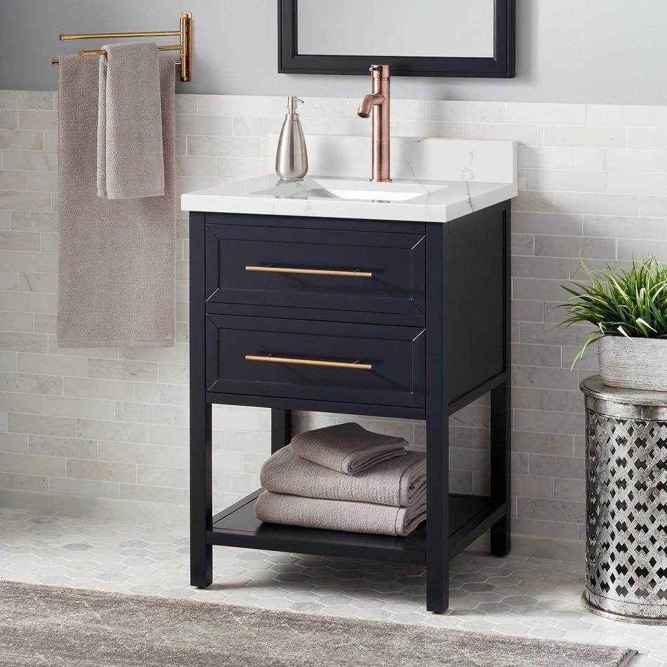 24" Robertson Mahogany Console Vanity - Midnight Blue - Feathered White Quartz - 1 Hole - Rect. Sink, , large image number 0