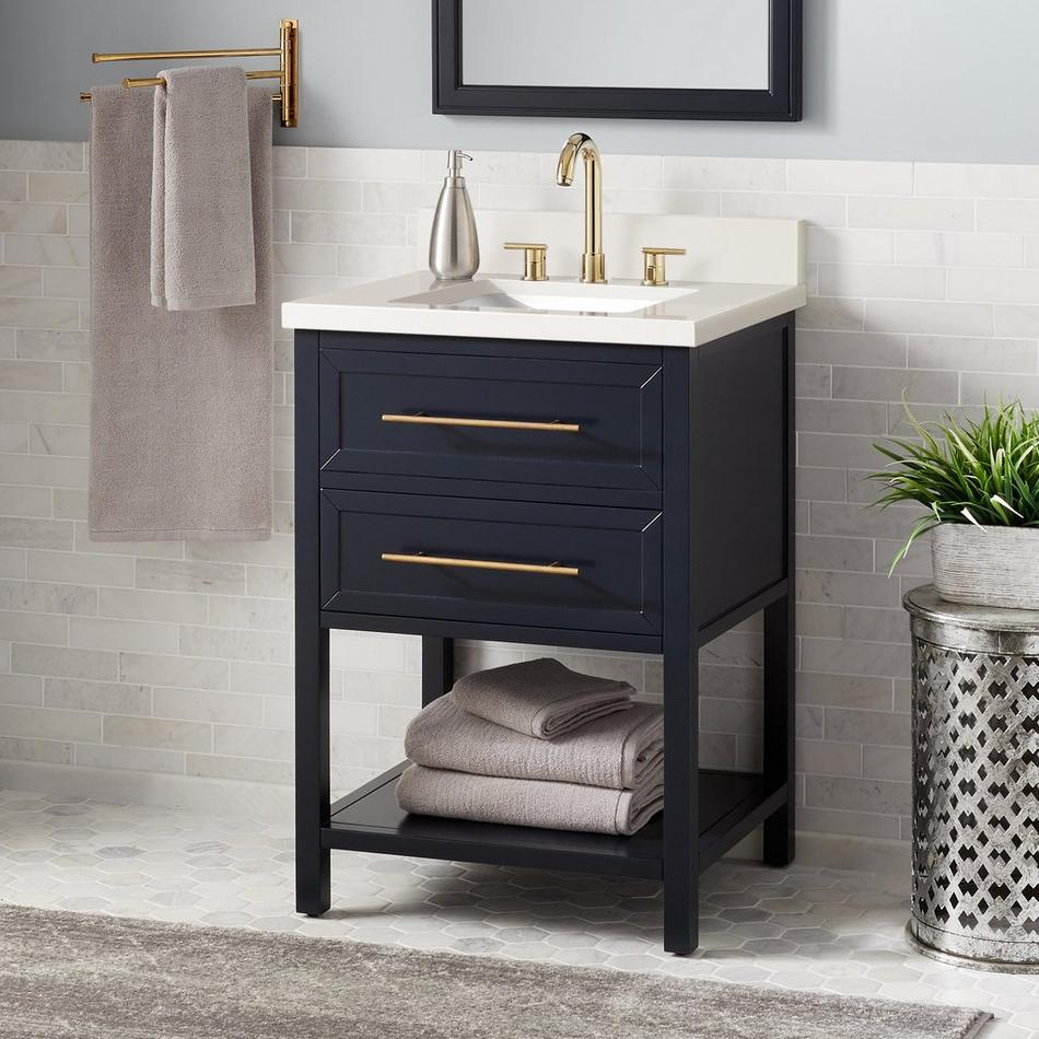 24" Robertson Mahogany Console Vanity- Midnight Blue - Arctic White Quartz - 8" Holes - Rect. Sink, , large image number 0