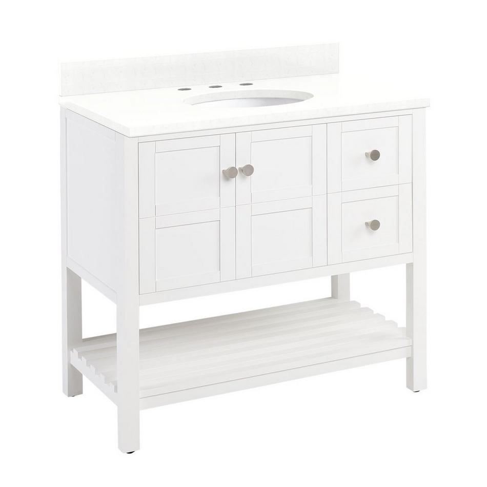 36" Olsen Console Vanity - White - Brushed Nickel Hdwe. - Feathered White Quartz - 8" - Oval UM Sink, , large image number 0