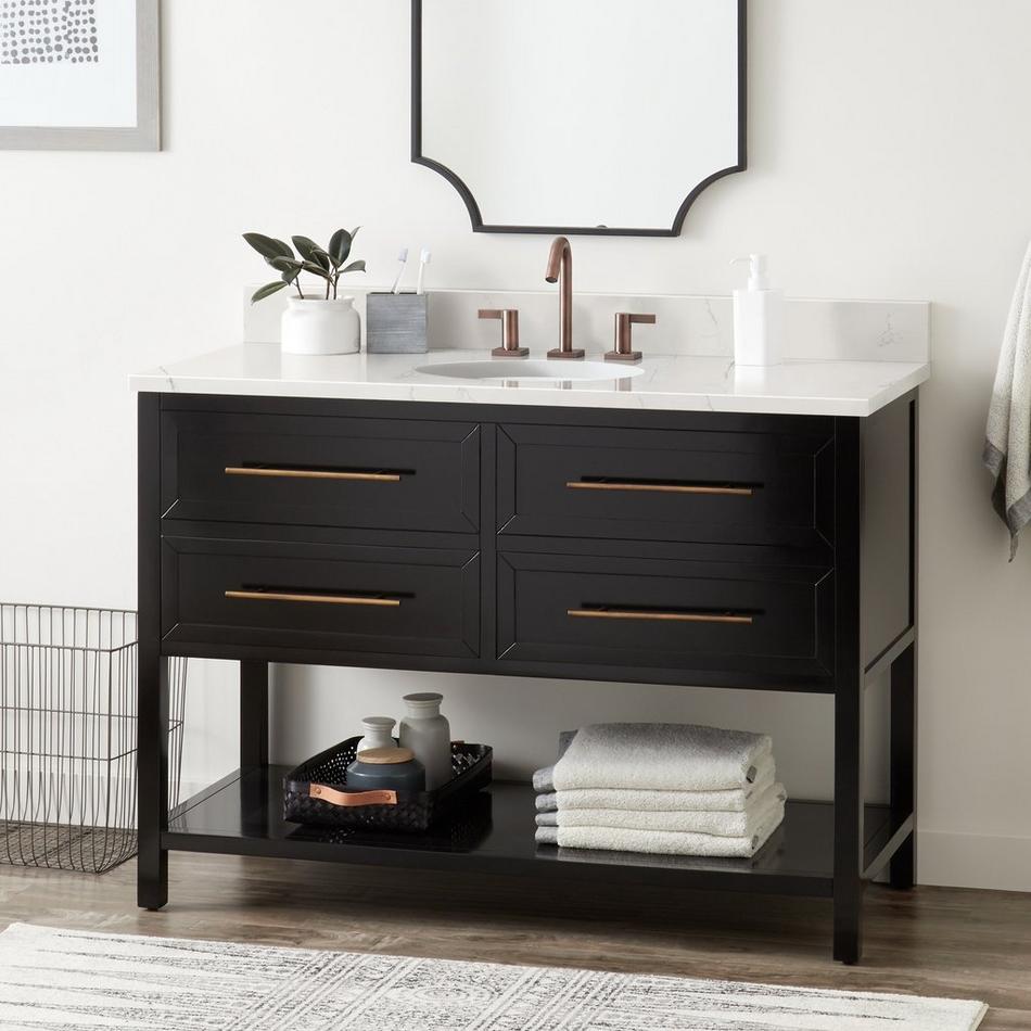 48" Robertson Vanity - Black - Feathered White Quartz - 8" - Oval Undermount Sink, , large image number 0
