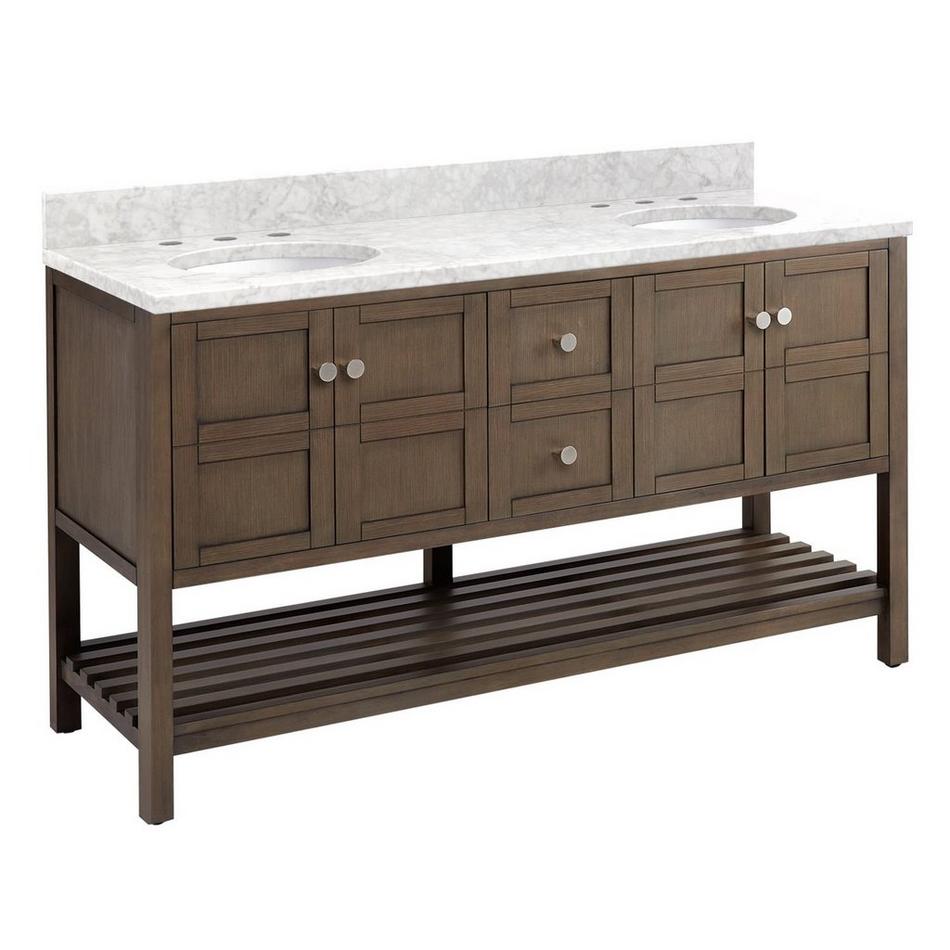 60" Olsen Double Console Vanity- Ash Brown - Brushed Nickel Hdwe. - Carrara Marble - 8" - Oval Sinks, , large image number 1