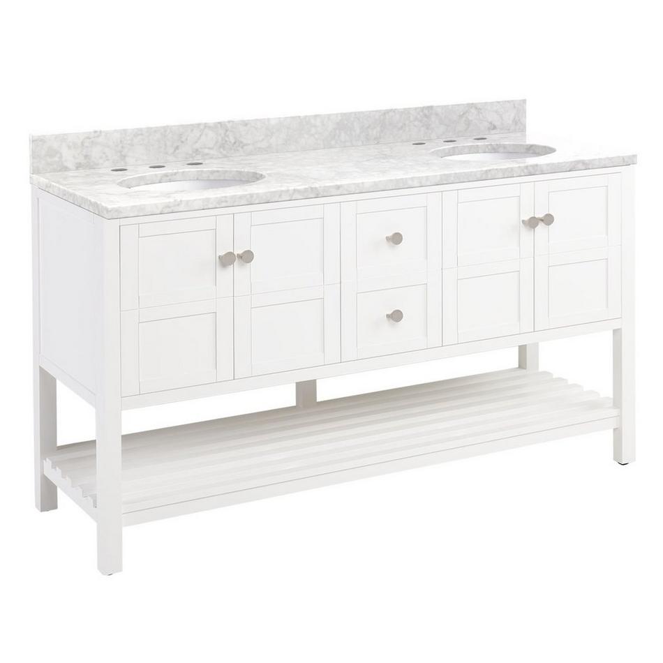 60" Olsen Double Console Vanity - White - Brushed Nickel Hdwe. - Carrara Marble - 8" - Oval UM Sinks, , large image number 1