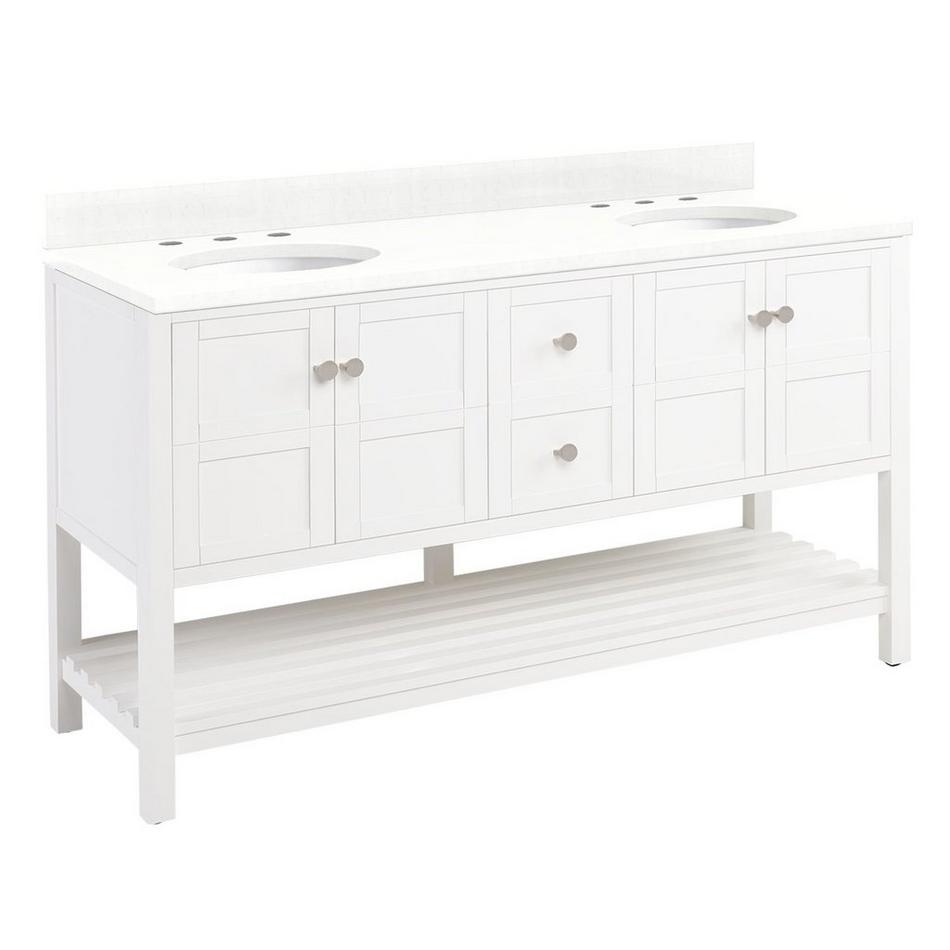 60" Olsen Double Console Vanity - White - BN Hdwe. - Feathered White Quartz - 8" - Oval UM Sinks, , large image number 0