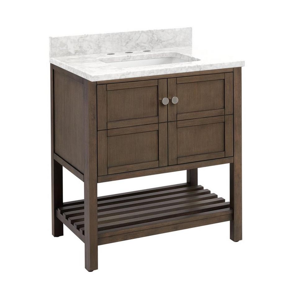 30" Olsen Console Vanity - Ash Brown - Brushed Nickel Hdwe. - Carrara Marble - 8" - RUMB, , large image number 1